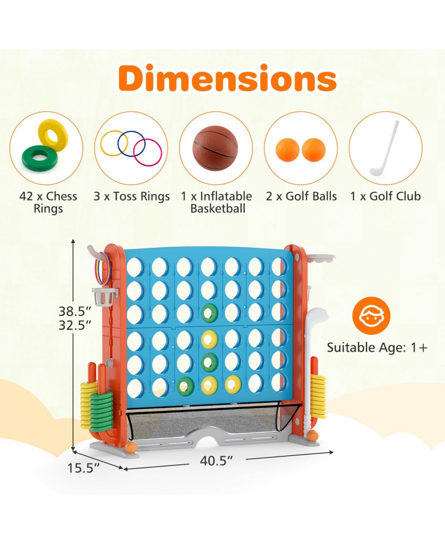 Детские игрушки Slickblue Jumbo 4-to-Score with Ring Toss and Basketball Hoop Game Set, Ages 3+, цвет: Синий / Оранжевый — фото 3