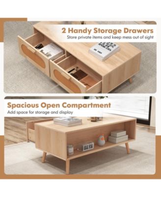 Rattan Coffee Table Mid Century Modern Center Table with 2 Storage Drawers-Natural