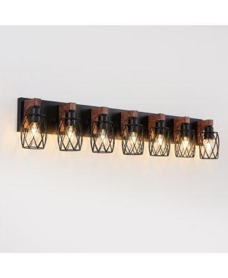 Industrial Vintage 7 Light Wall Sconce Black Cage Wall Fixture with Wood Accent for Bathroom Hallway Living Room Bulb Not Included