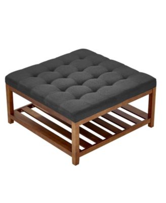 Large Square Ottoman Coffee Table, 34.5" Tufted with Wood Shelf Storage