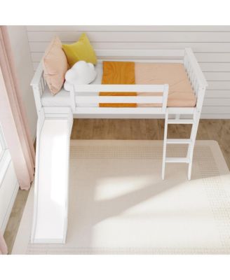 Twin Size Low Loft Bed with Slide, Solid Wood Kids Platform Bed with 14" Guardrails