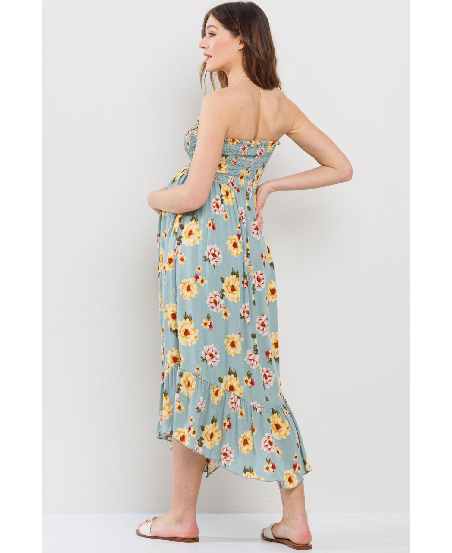 Maternity Floral Smocked Strapless Midi Dress