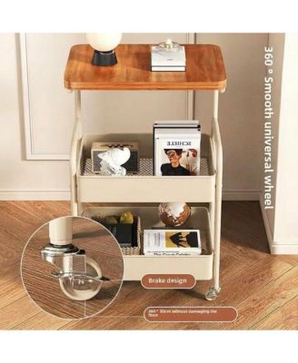 3-Tier Rolling Cart w/Wooden Tabletop, Utility Cart w/Lockable Wheels, Multipurpose Storage Organizer Trolley for Kitchen, Office, Bedroom