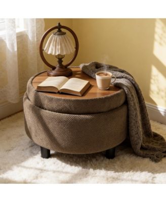 25" Round Storage Ottoman - Modern Tufted Fabric Circle Coffee Table with Removable Top, Footrest Stool for Living Room, Bedroom