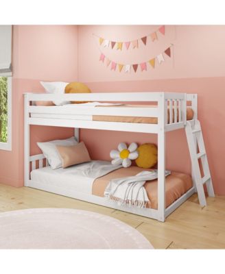 Solid Wood Twin over Twin Low Bunk Bed with Ladder on End For Kids