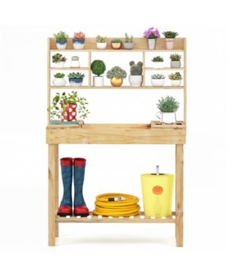 Wooden Potting Bench Table Garden Planting Workstation with 3-Tier Open Shelf