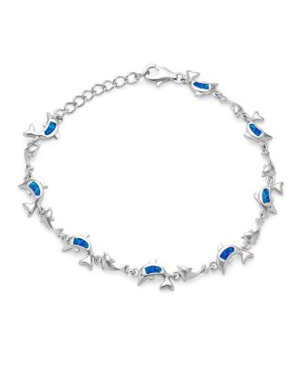 Nautical Created Blue White Opal Inlay Dolphins Bracelet .925 Sterling Silver