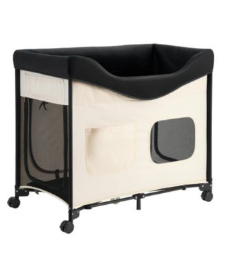 Large Foldable Elevated Pet Lounge Bed with wheels and side storage bags, sturdy raised design, portable and convenient