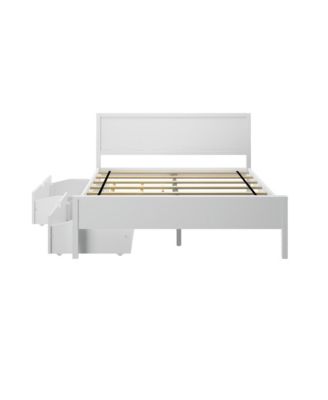 Queen Bed with Storage Drawers, Solid Wood Bed Frame with Panel Headboard, Wood Slat Support, No Box Spring Needed