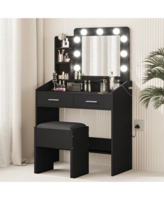 Modern Vanity Desk with Mirror, LED Lights, Power Outlet, USB Ports, 2 Drawers, 3 Lighting Modes, Stool, Hairdryer Holder, Bedroom Makeup Table