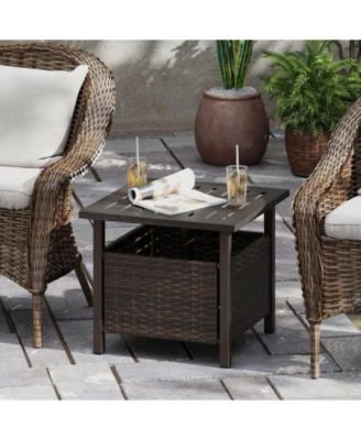 All Weather Wicker Patio Side Table with Umbrella Hole for Outdoor Use-Mix