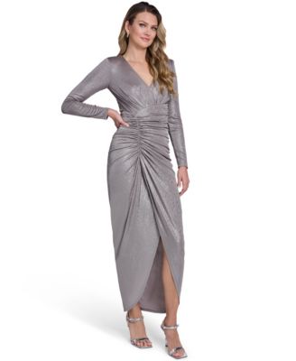 Petite Long-Sleeve V-Neck Gown