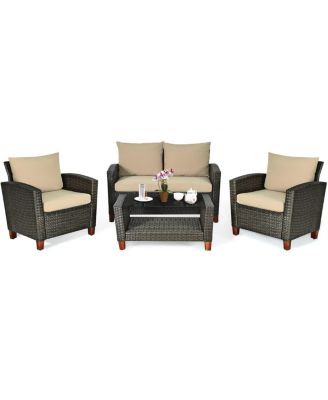 4PCS Patio Rattan Furniture Set Solid Wood Leg Cushioned Sofa Garden Lawn
