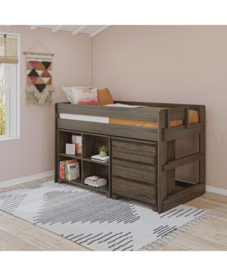 Modern Farmhouse Low Loft Bed, Twin Bed Frame for Kids with 3-Drawer Dresser and 4-Shelf Bookcase