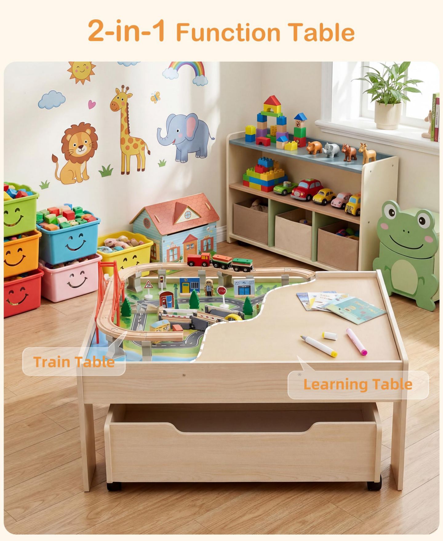 Детские игрушки SUGIFT 100-Piece Multicolor Wooden Kids Activity Table, 3-in-1 Wooden Train Set with Rolling Storage Drawer, Creative Toy Set for Kids Ages 3+, цвет: Натуральный — фото 6