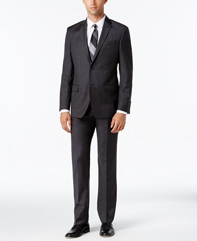 DKNY Men's Slim-Fit Charcoal and Brown Plaid Suit