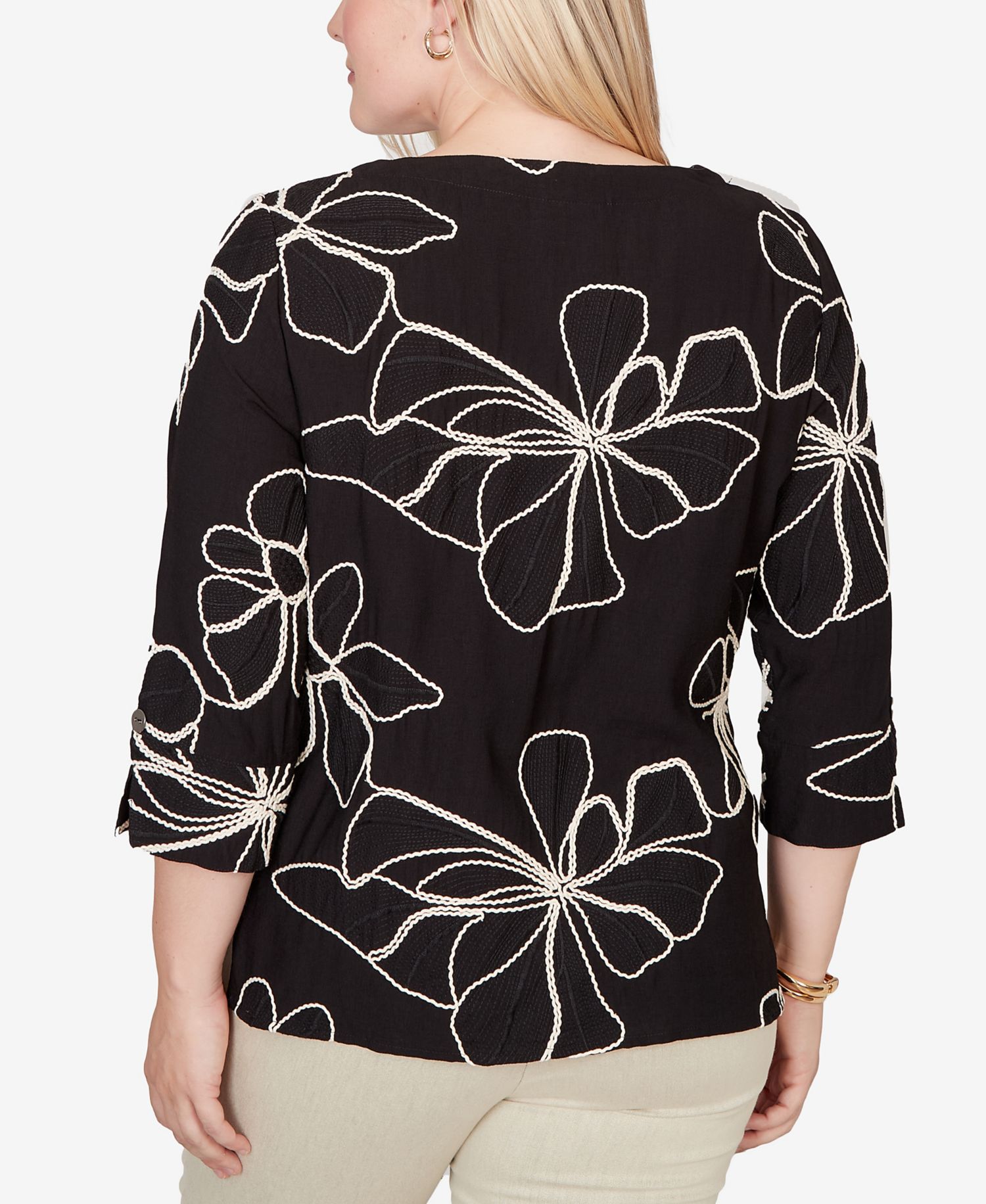 Petite Detail Driven Flower Soutache Three-Quarter-Sleeve Top