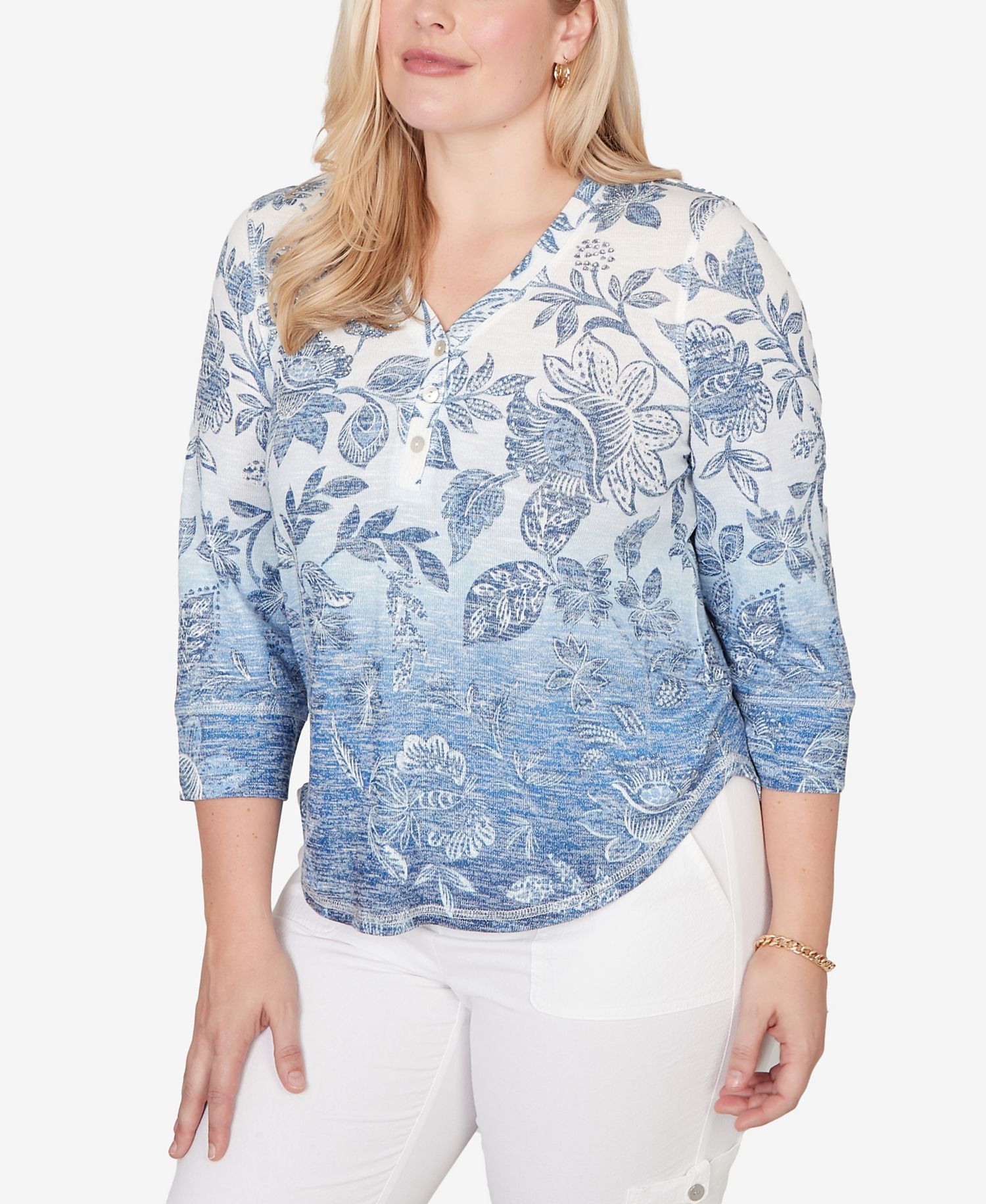 Petite Out of the Blue Ombre Batik Floral Henley Top