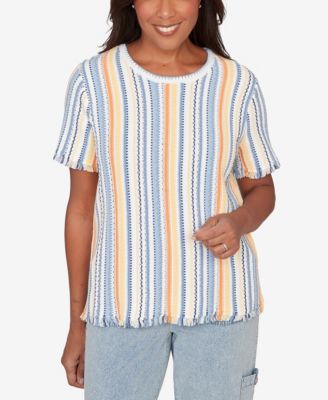 Petite Out of the Blue Textured Fringe Stripe Short-Sleeve T-Shirt