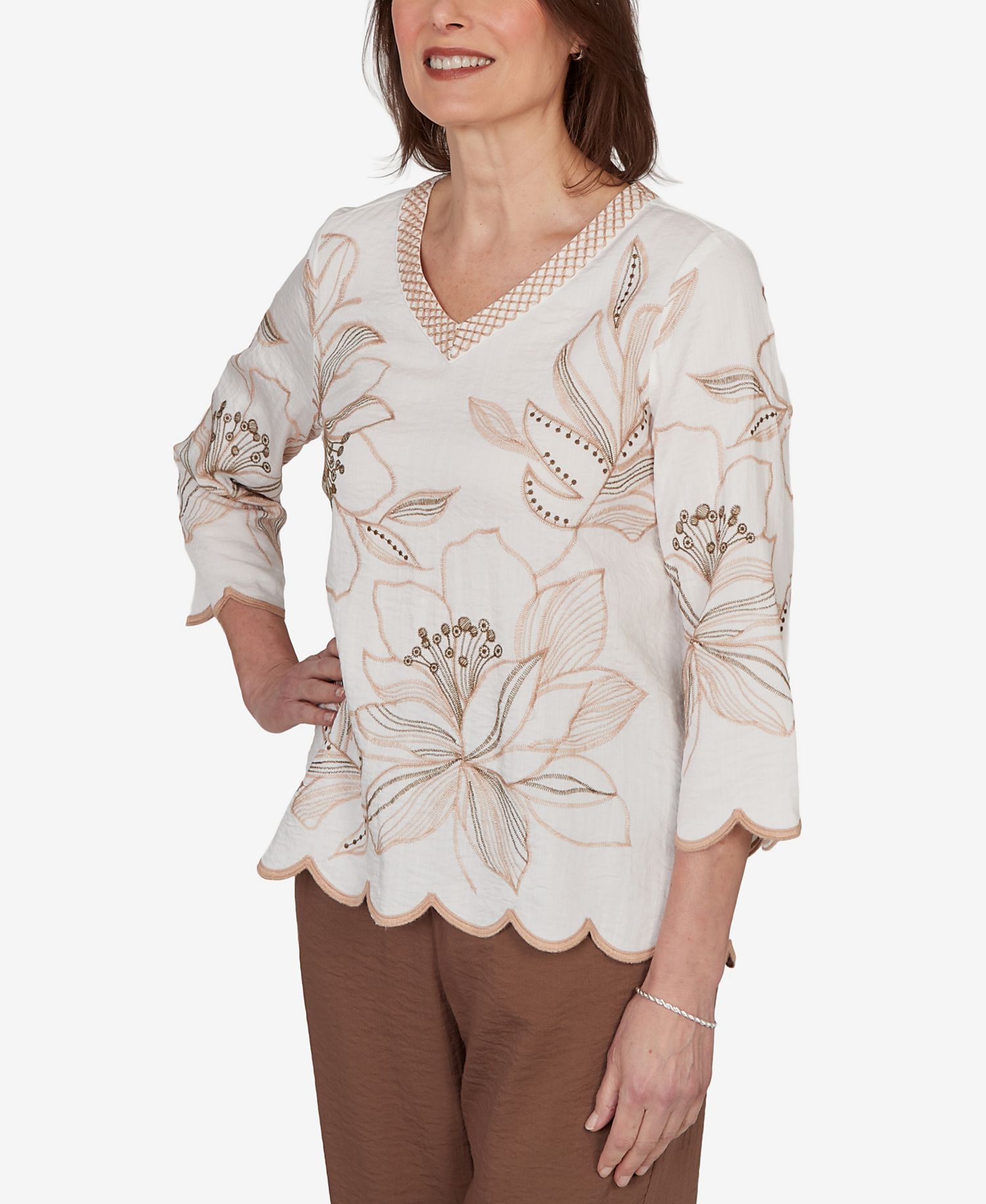Petite Spice Market Embroidered Floral V-Neck Textured Top