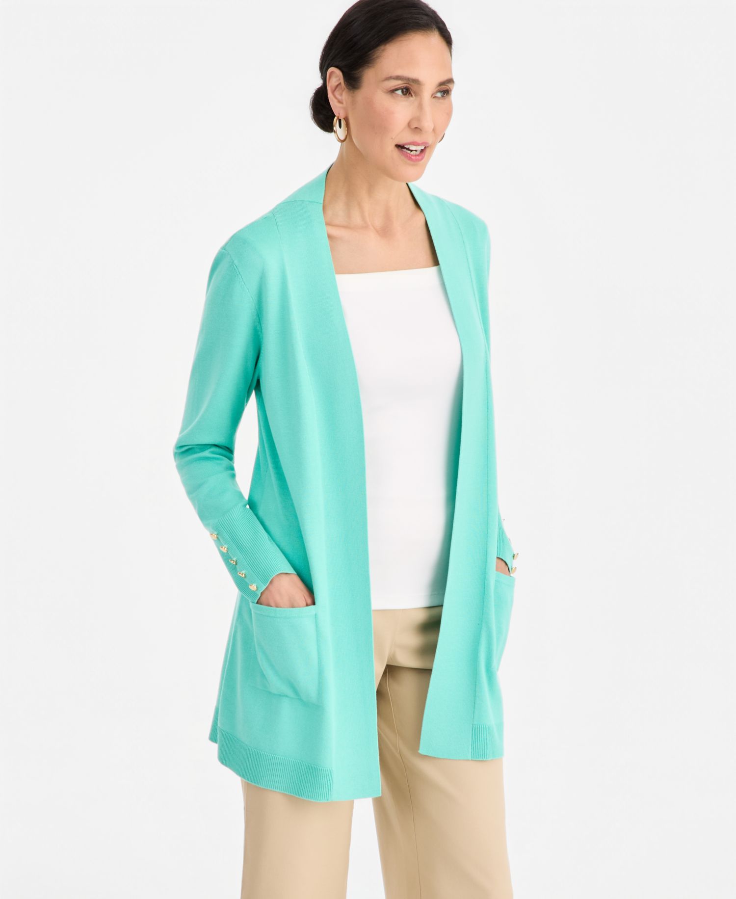 Petite Open-Front Button-Cuff Cardigan Sweater
