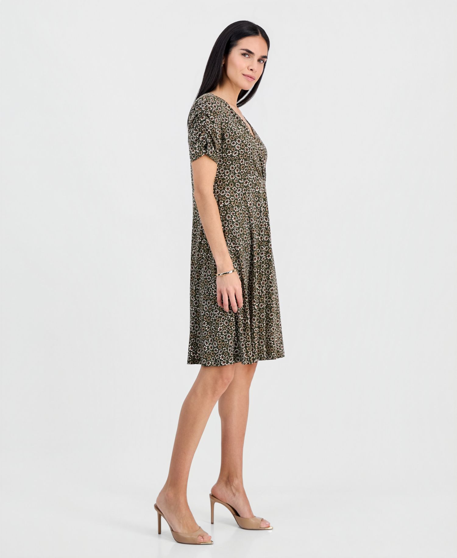 Petite Ruched-Sleeve Crossover-Neck Dress