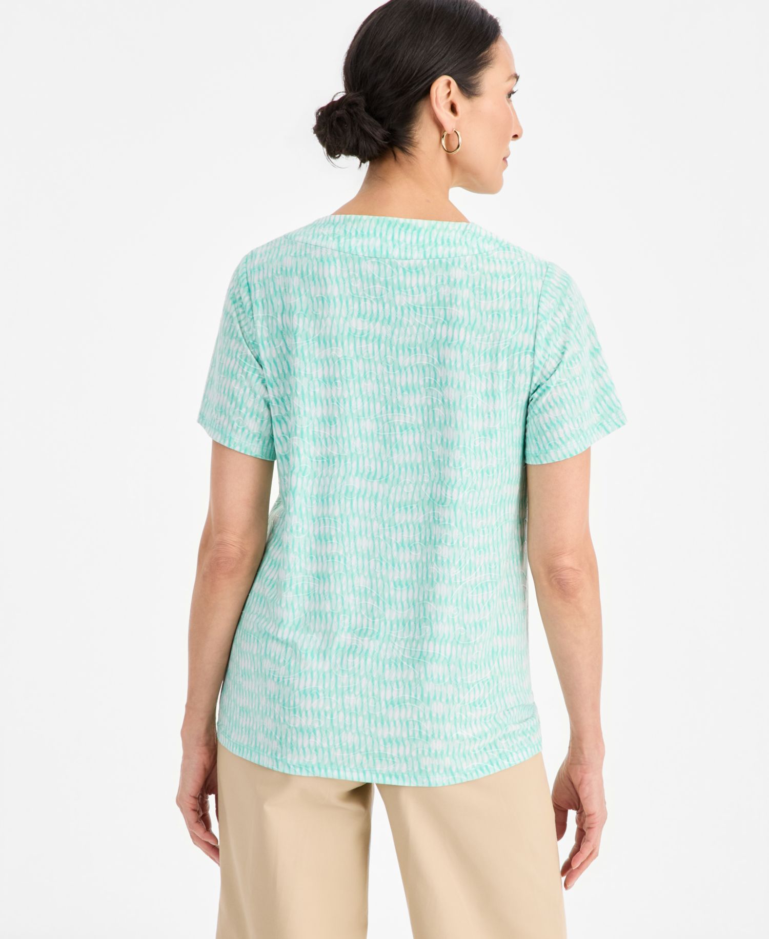 Women's Printed Short Sleeve V-Neck Jacquard Top