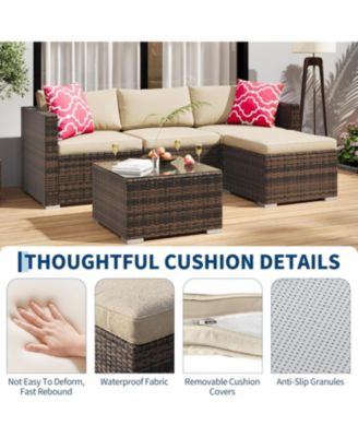 5-Piece All-Weather Wicker Patio Sectional Sofa Set with Ottoman and Glass Table