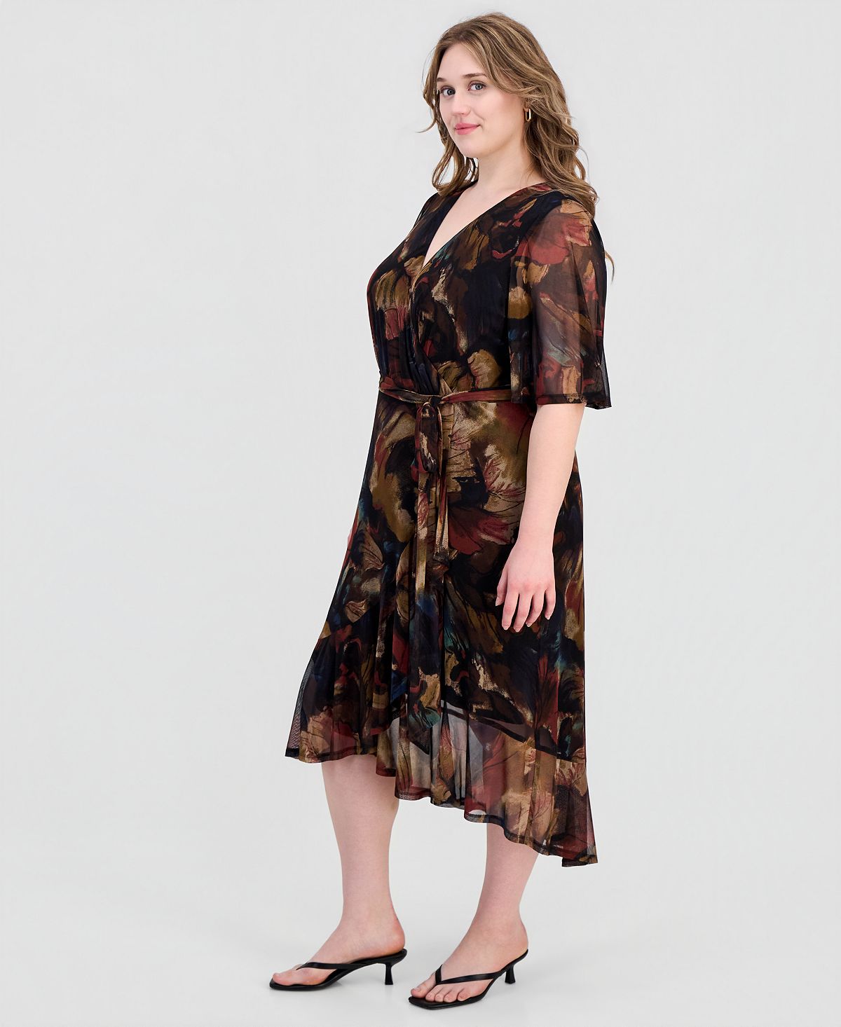 Connected Plus Size Printed Flutter-Sleeve Faux-Wrap Midi Dress view 5 — MAYCSS fashion products