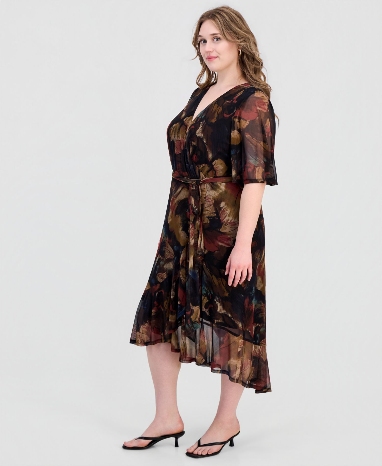 Plus Size Printed Flutter-Sleeve Faux-Wrap Midi Dress