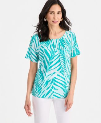 Women's Pleated Scoop-neck Button-Trim Top
