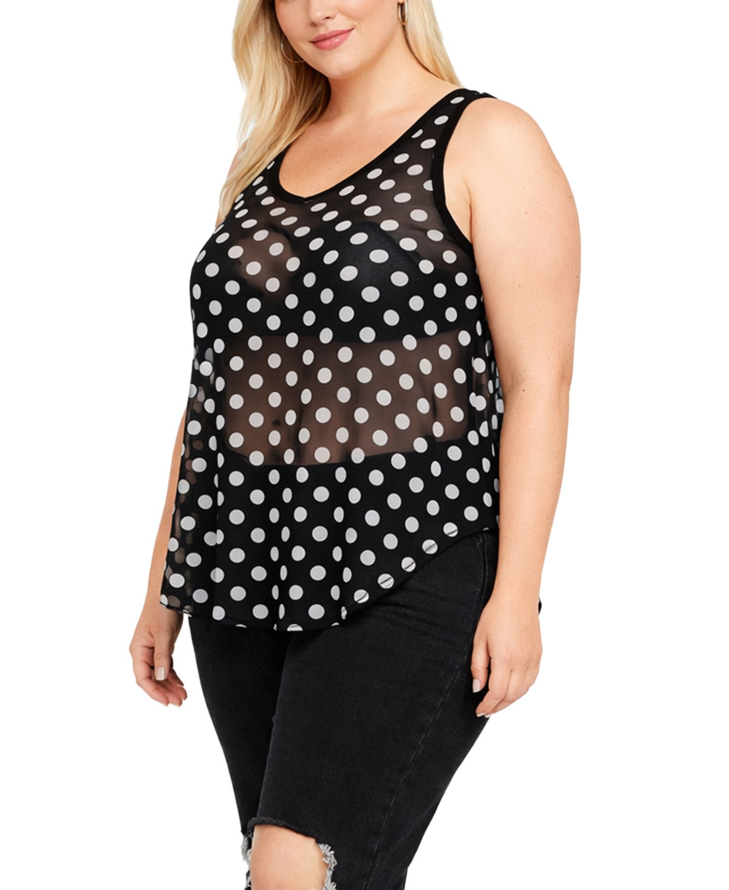 Plus Size Polka Dot Mesh Double Tank Top