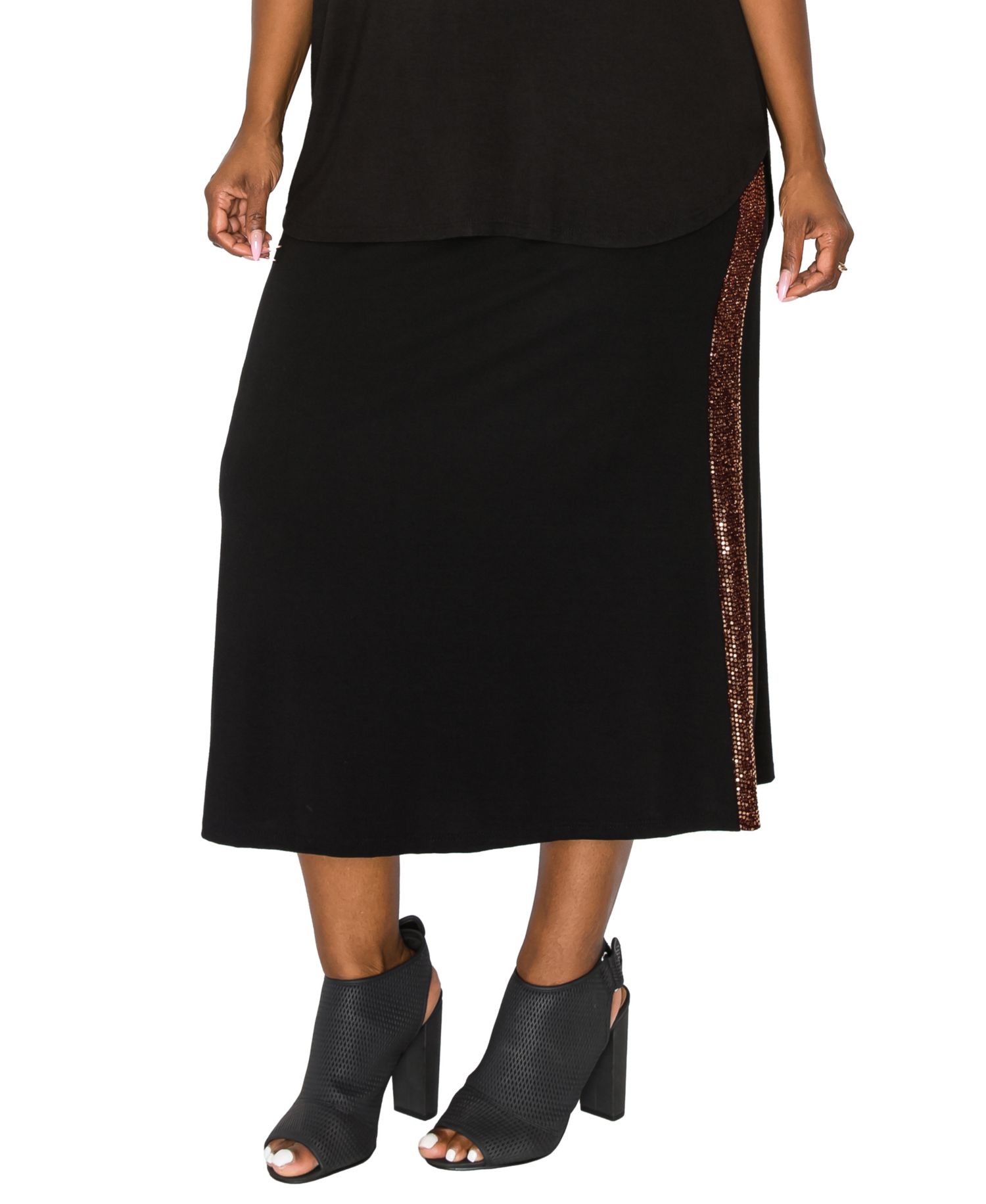 Plus Size Sequin Side Contrast Fold Over Midi Skirts