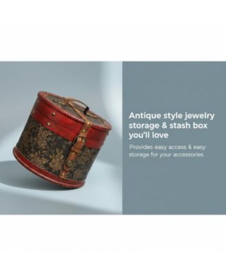 Vintage Cylindrical Wooden Trinket Box Lock Top Handle Round Storage Chest