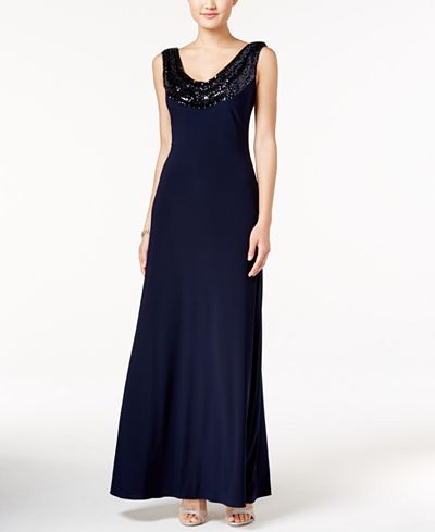 Betsy & Adam Sequined Cowl-Neck Scoop-Back Gown