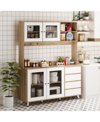 Large Kitchen Hutch Cabinet, Storage Cupboard Pantry with 4 Glass Doors, 4 Drawers and Microwave Shelf, Buffet,Sideboard