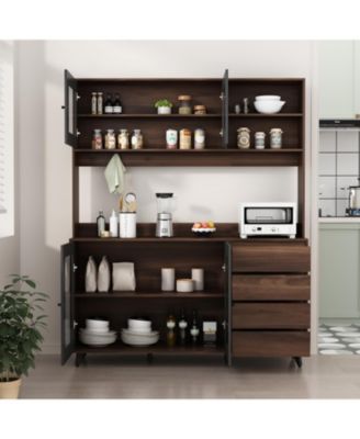 Large Kitchen Hutch Cabinet, Storage Cupboard Pantry with 4 Glass Doors, 4 Drawers and Microwave Shelf, Buffet,Sideboard
