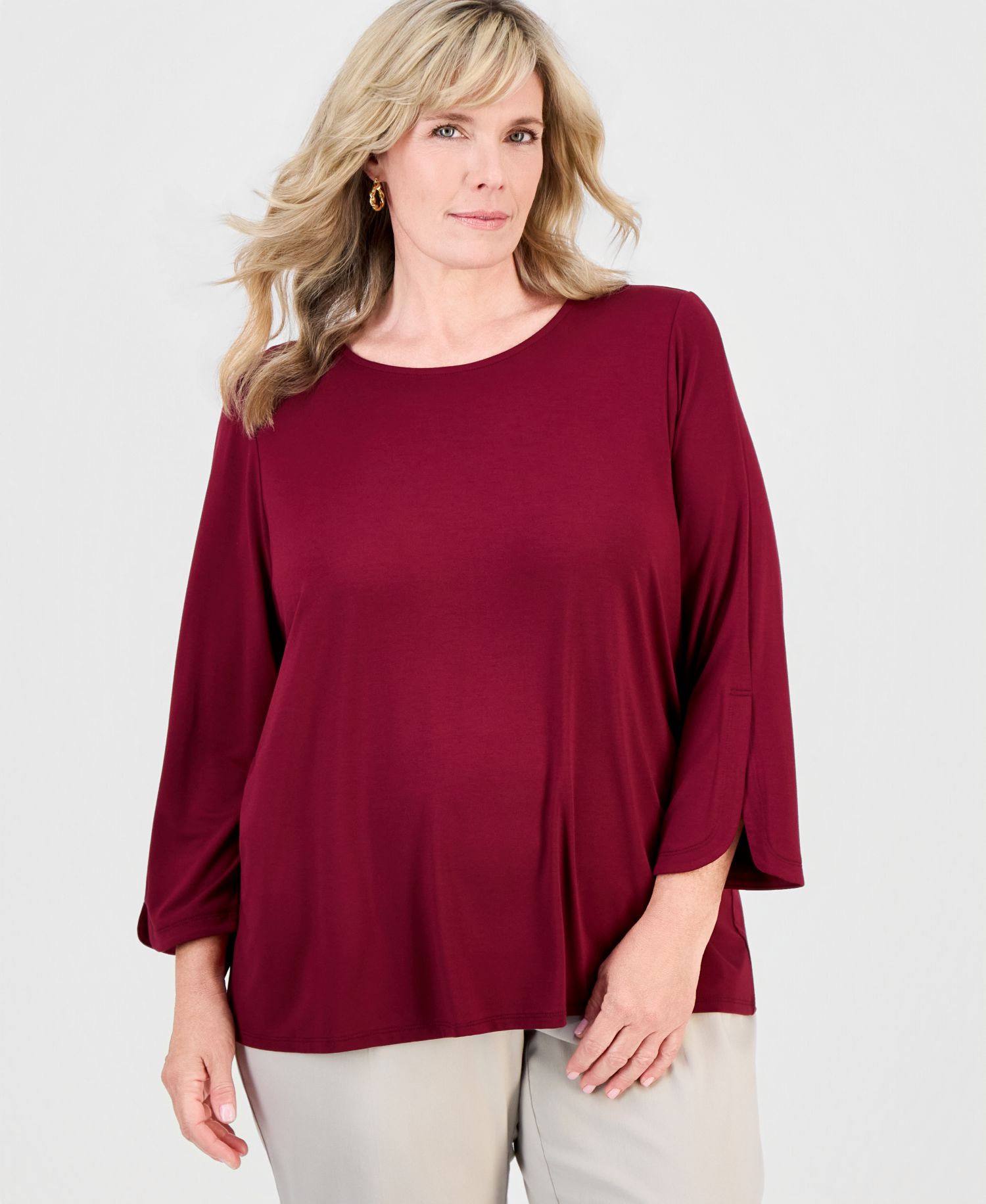 Petite 3/4-Length Tulip Sleeve Scoop Neck T-Shirt