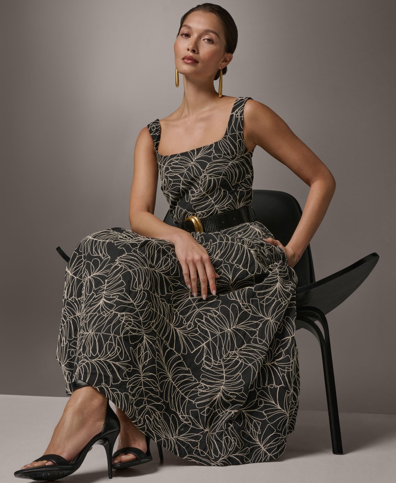 Women's Square Neck A-Line Midi Dress with Polyurethane Belt