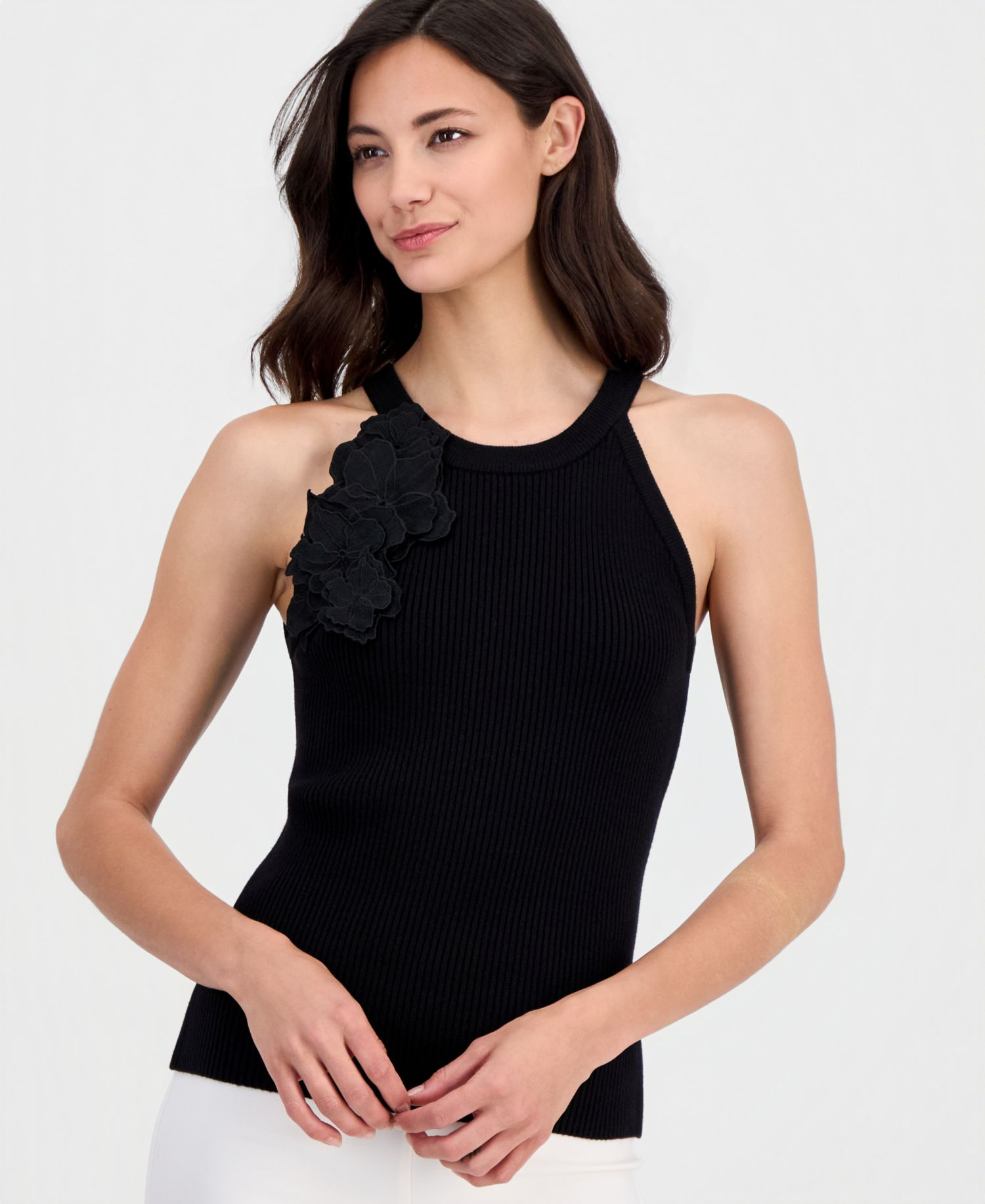 Women's Round-Neck Floral-Appliqu&eacute; Rib-Knit Top