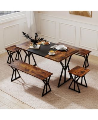 5-Piece Industrial Dining Room Set Rectangular Kitchen Table with 2 Benches and 2 Stools