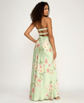 Juniors' Floral Print Strapless Gown