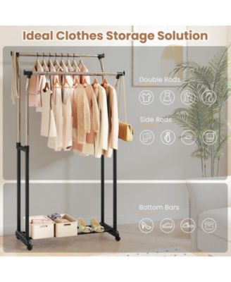 Double Rod Rolling Garment Rack with Adjustable Height from 42 to 69 in