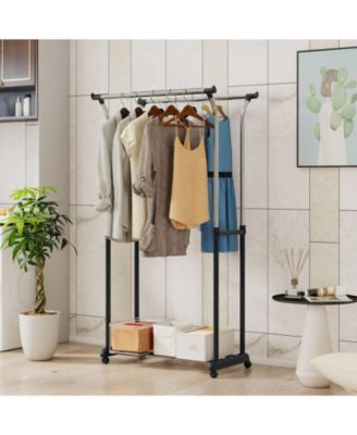 Double Rod Rolling Garment Rack with Adjustable Height from 42 to 69 in