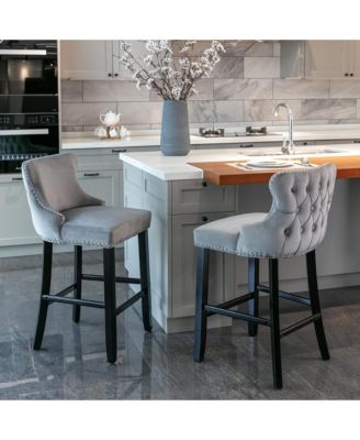 Velvet Wingback Bar Stools Set of 2, Counter Height Chairs with Solid Wood Legs, Button Tufted and Nailhead Trim for Kitchen Island
