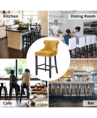 Velvet Wingback Bar Stools Set of 2, Counter Height Chairs with Solid Wood Legs, Button Tufted and Nailhead Trim for Kitchen Island