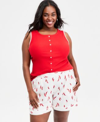 Plus Sleeveless Rib-Knit Whipstitch Button Front Top