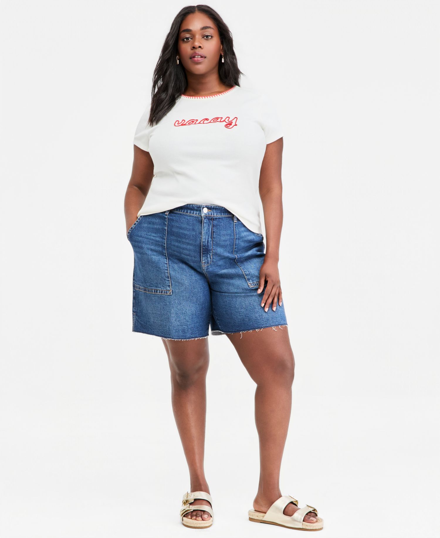 Plus Size High Rise A-line Denim Utility Bermuda Shorts