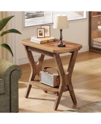 Solid Wood Side Table, 2-Tier End Table with Storage, Farmhouse Nightstand for Small Spaces