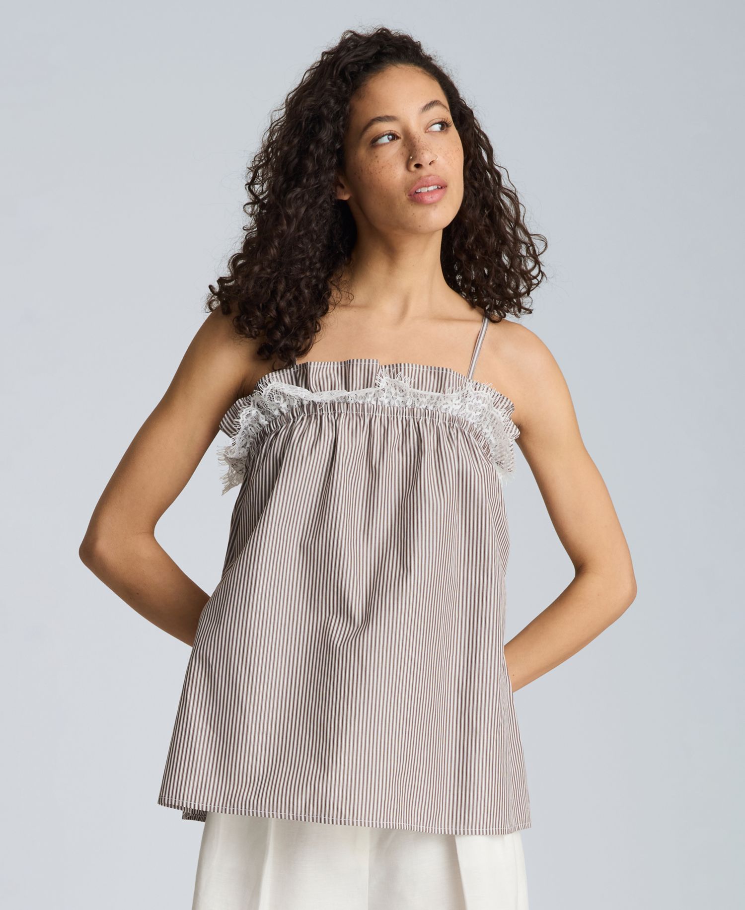 Women's Cotton Shirred Neck Lace Trim Camisole